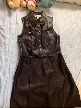 Michael Kors Dark Brown Faux Leather Midi Shirt Dress with Gold Buttons